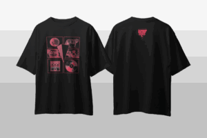 חולצת אוברסייז שחורה - מוניקה סקס הדפס אדום